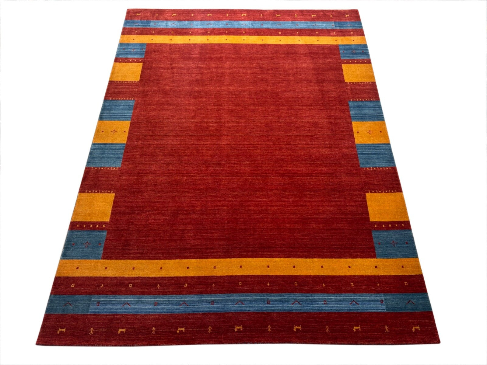 Wollteppich 250x350 Rot Blau Gelb Handgewebt Modern Unikat Orient Teppich Br13