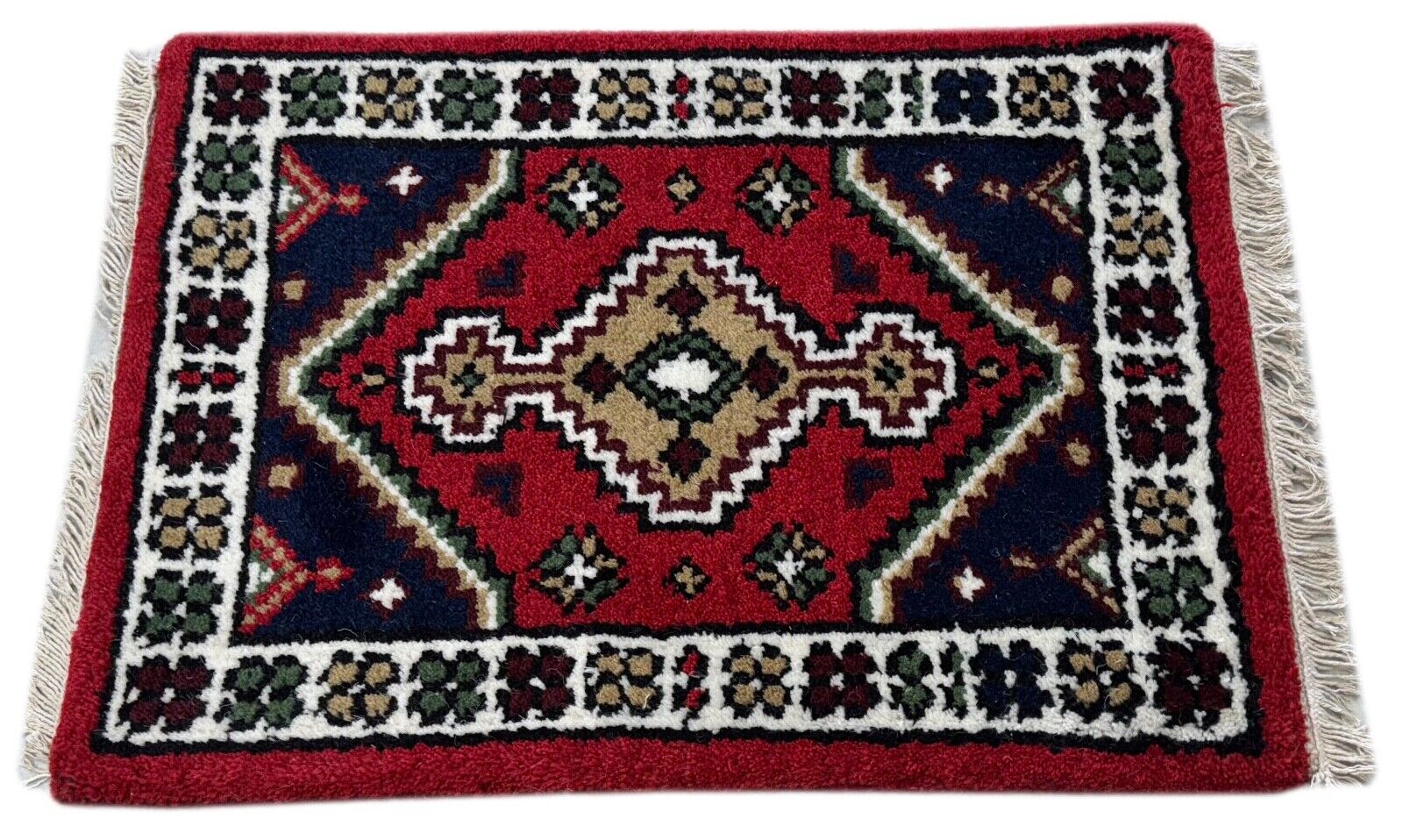 Brücke Teppich 40x60 cm Handgeknüpft Fußmatte Automatte 100% Wolle Rot Blau PH42