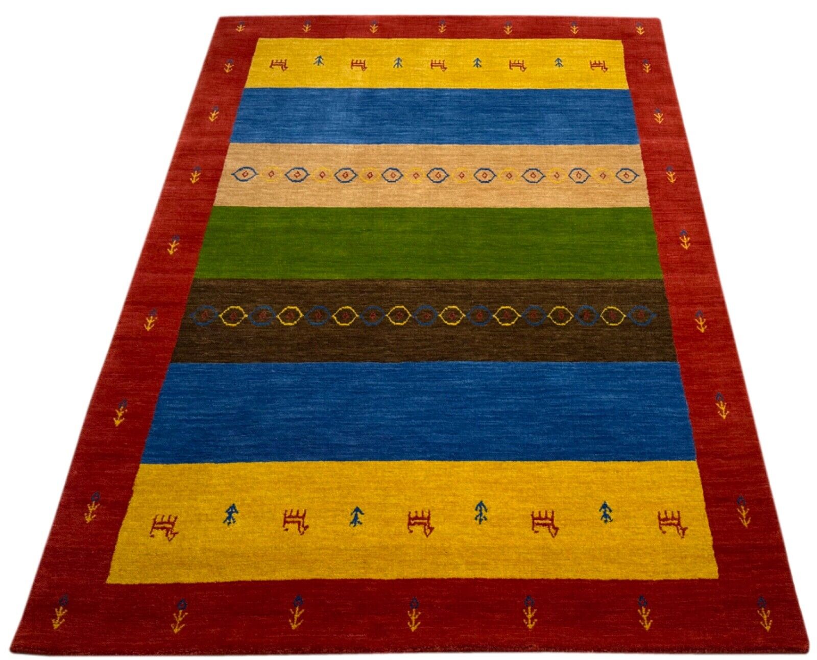 Bunt Gabbeh Teppich 100% Wolle 120x180 cm Rot Gold Blau Orient Handgewebt BR12