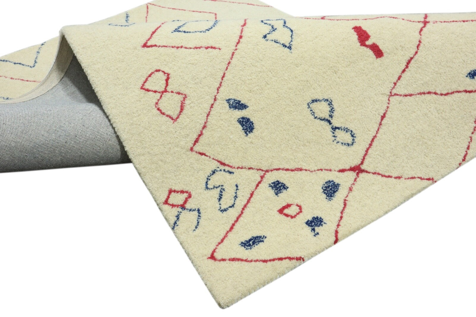 Wollteppich 120x180 Beige Rot Blau Minimal Marokko Muster Teppich Handgetuftet