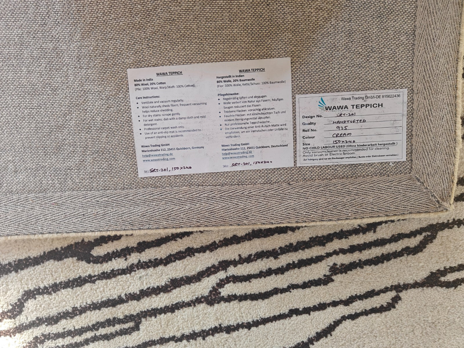 Handgetufteter Wollteppich 150x240 Creme Design mit Rand Wohnzimmer SH201