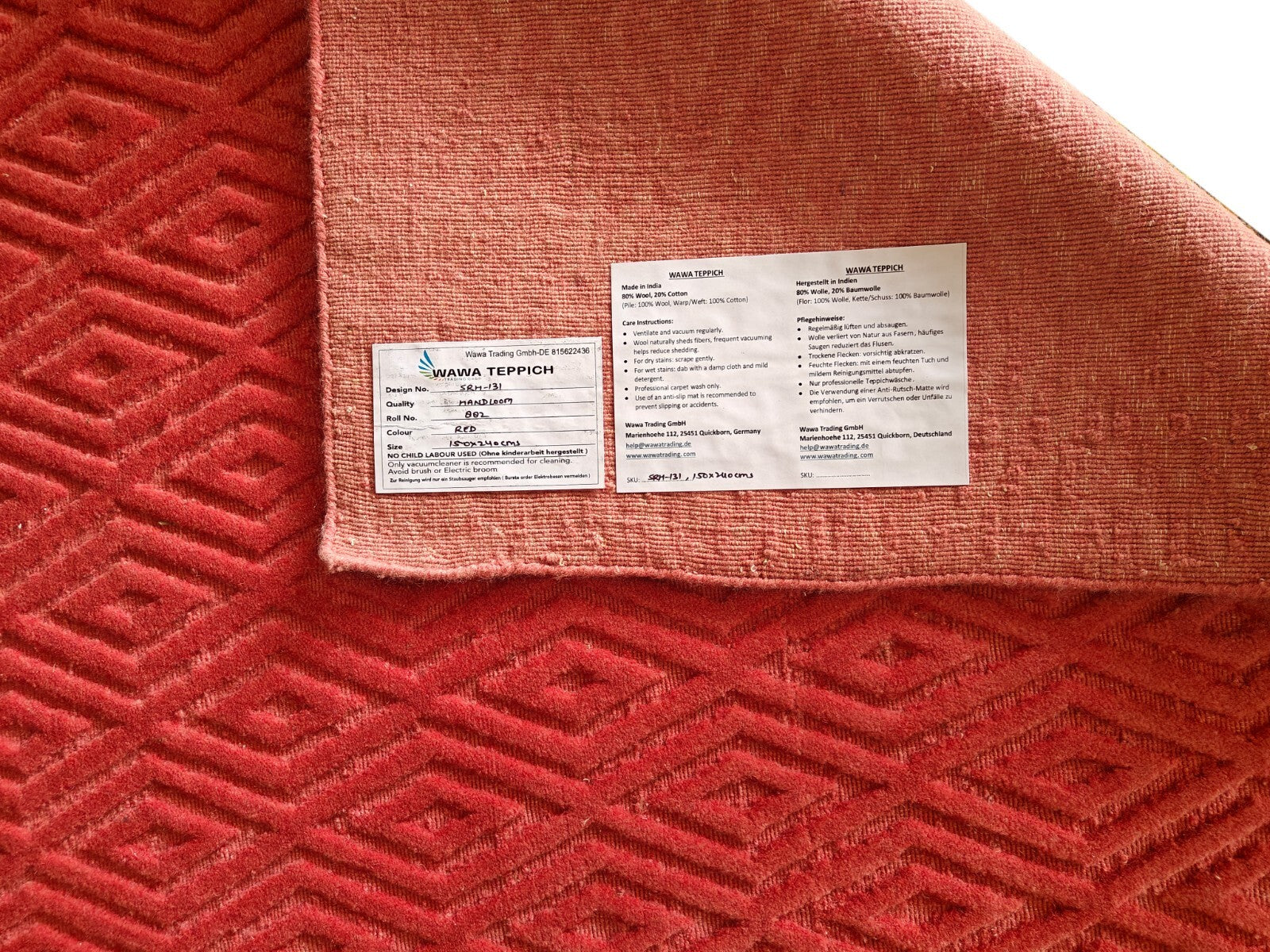 Handgeweven vloerkleed 150x240 cm, rode wol, glanzende afwerking, woonkamer SH131