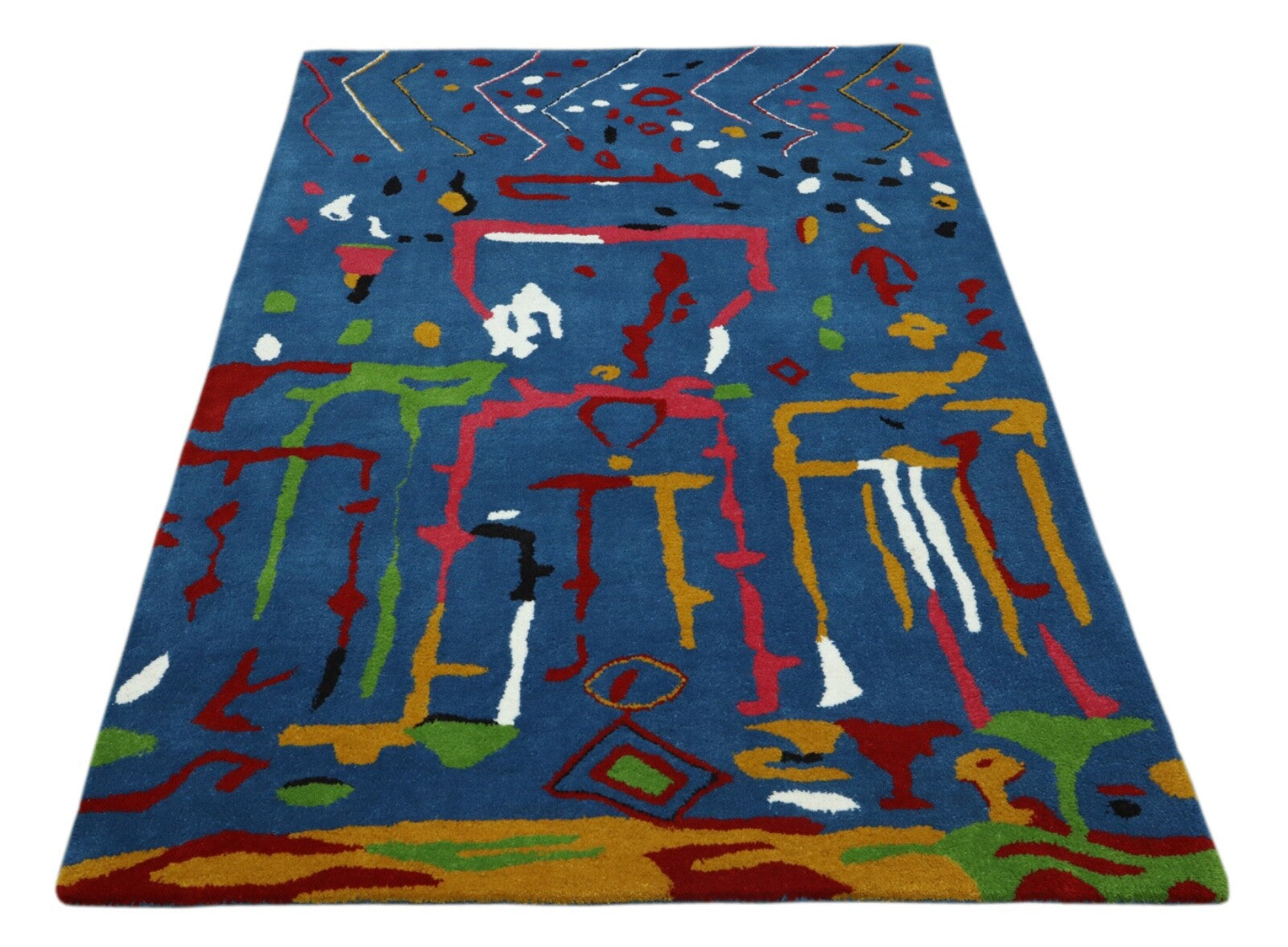 Wollteppich 120x180 Blau Bunt Abstrakt Marokko Design Teppich Handgetuftet HT302