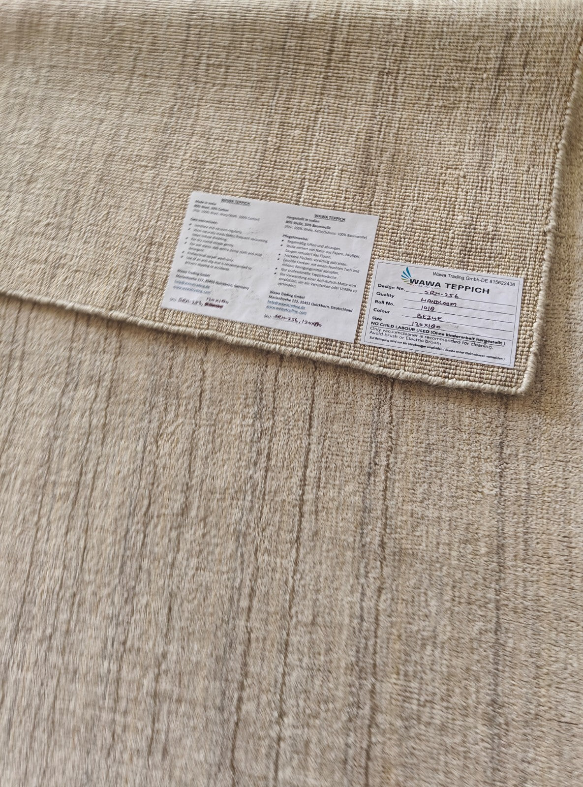 Handgewebter Teppich 120x180 Beige Glanzoptik Leinen Flach Wohnzimmer SH256