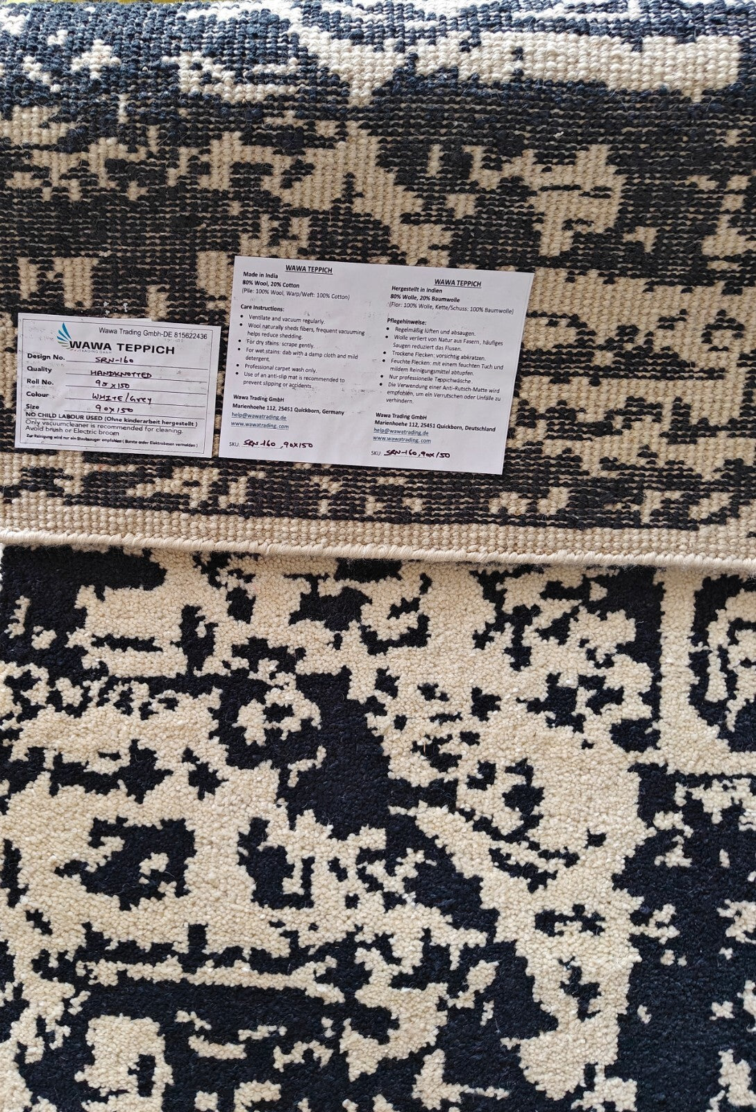 Modernes Handgeknüpfter Wolle 90x150 Vintage weiß grau Wohnzimmer Teppich SH160