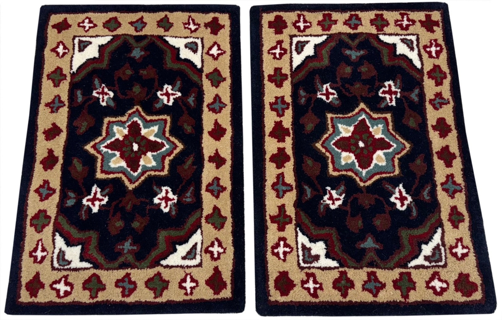 Wollteppich 40x60 Blau Beige Oriental Handgemacht Türvorleger Fussmatte HT371B