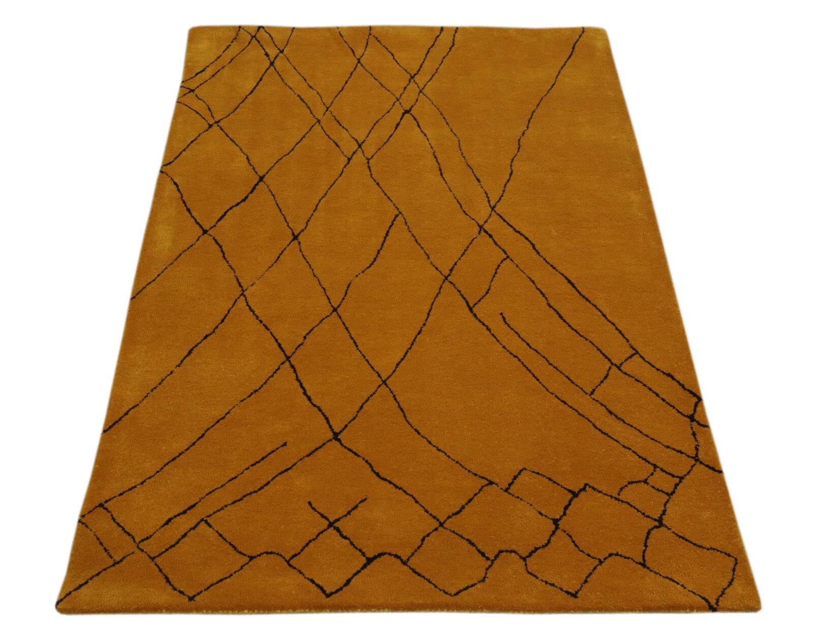 Wollteppich 120x180 Senfgelb Schwarz Modern Linien Teppich Handgetuftet HT308