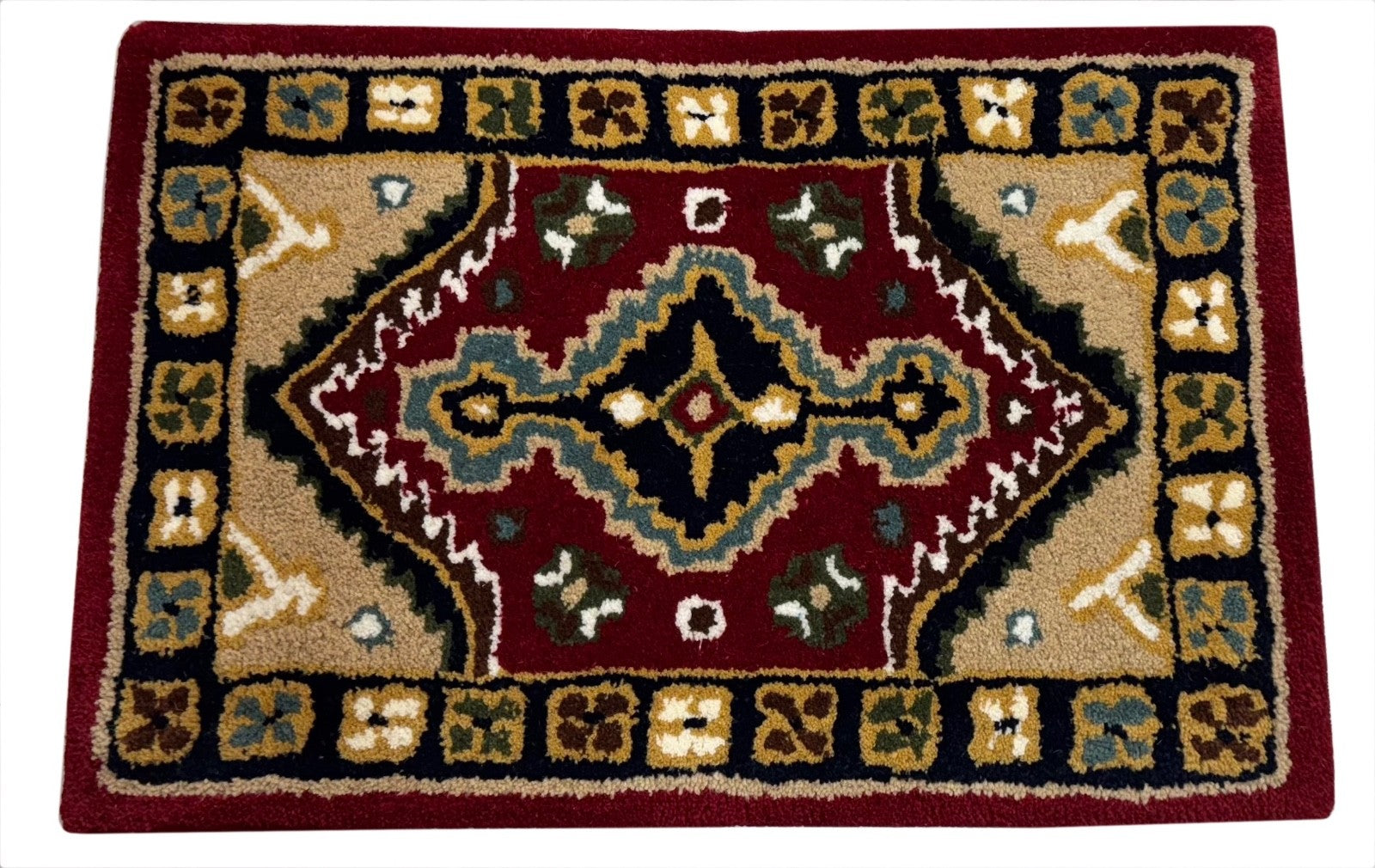 Wollteppich 40x60 Rot Beige Oriental Handgemacht Türvorleger Fussmatte HT370R