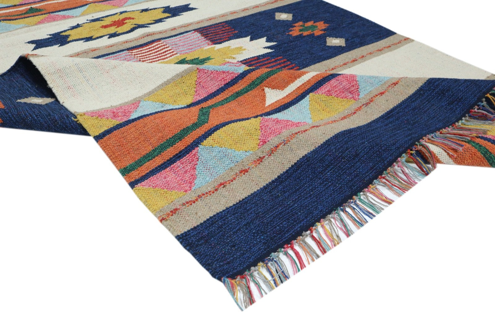 Kelim Teppich 100% Baumwolle flach gewebt mit Fransen Kilim Dhurrie 8 Designs CT