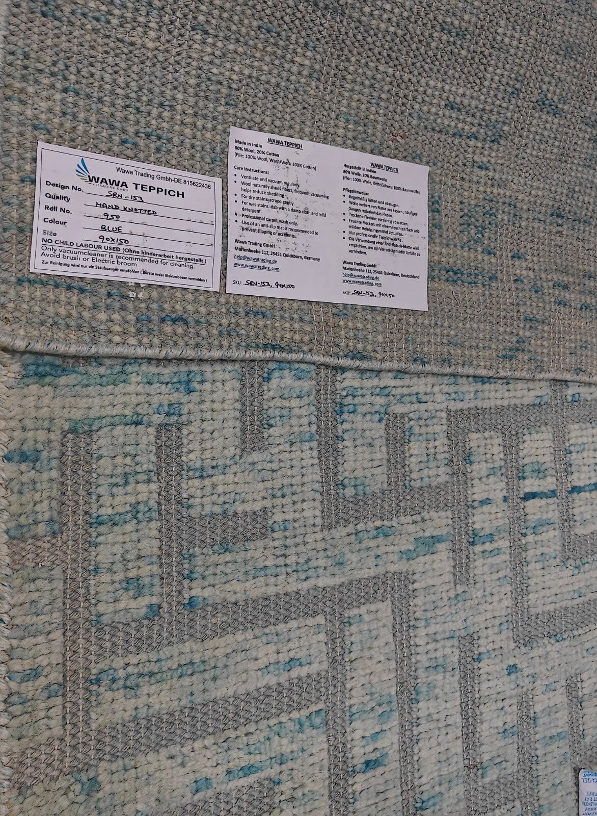 Moderna ročno vozlana volnena preproga za dnevno sobo 90x150 v vintage modri barvi SH153