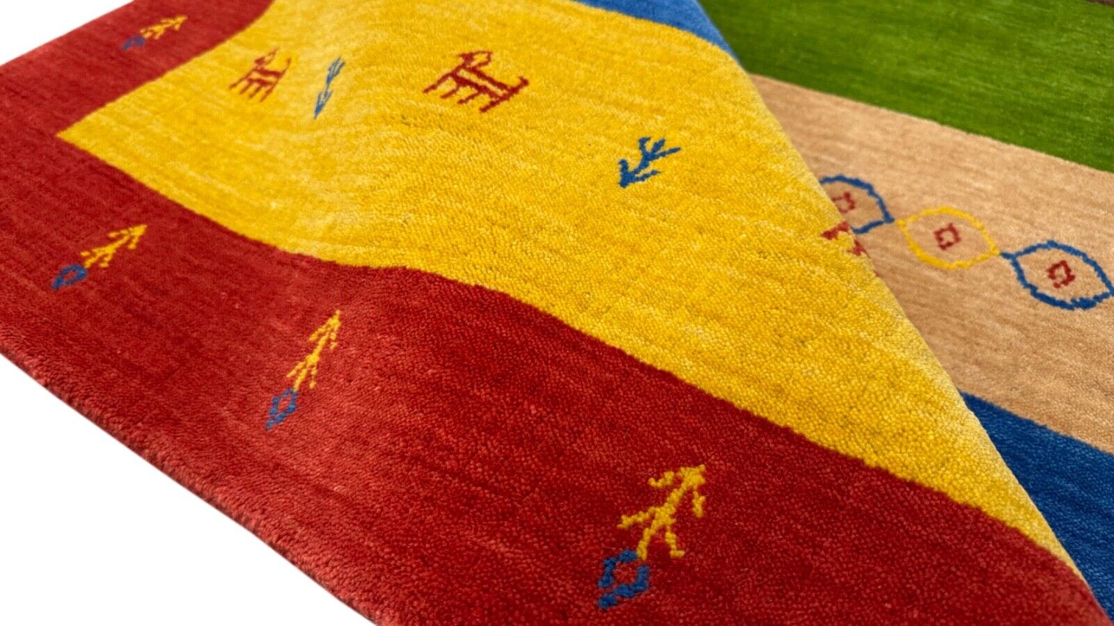 Bunt Gabbeh Teppich 100% Wolle 120x180 cm Rot Gold Blau Orient Handgewebt BR12