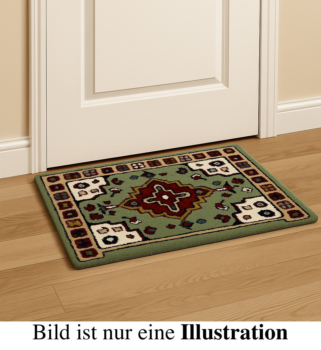Wollteppich 40x60 Grün Beige Oriental Handgemacht Türvorleger Fussmatte HT373G