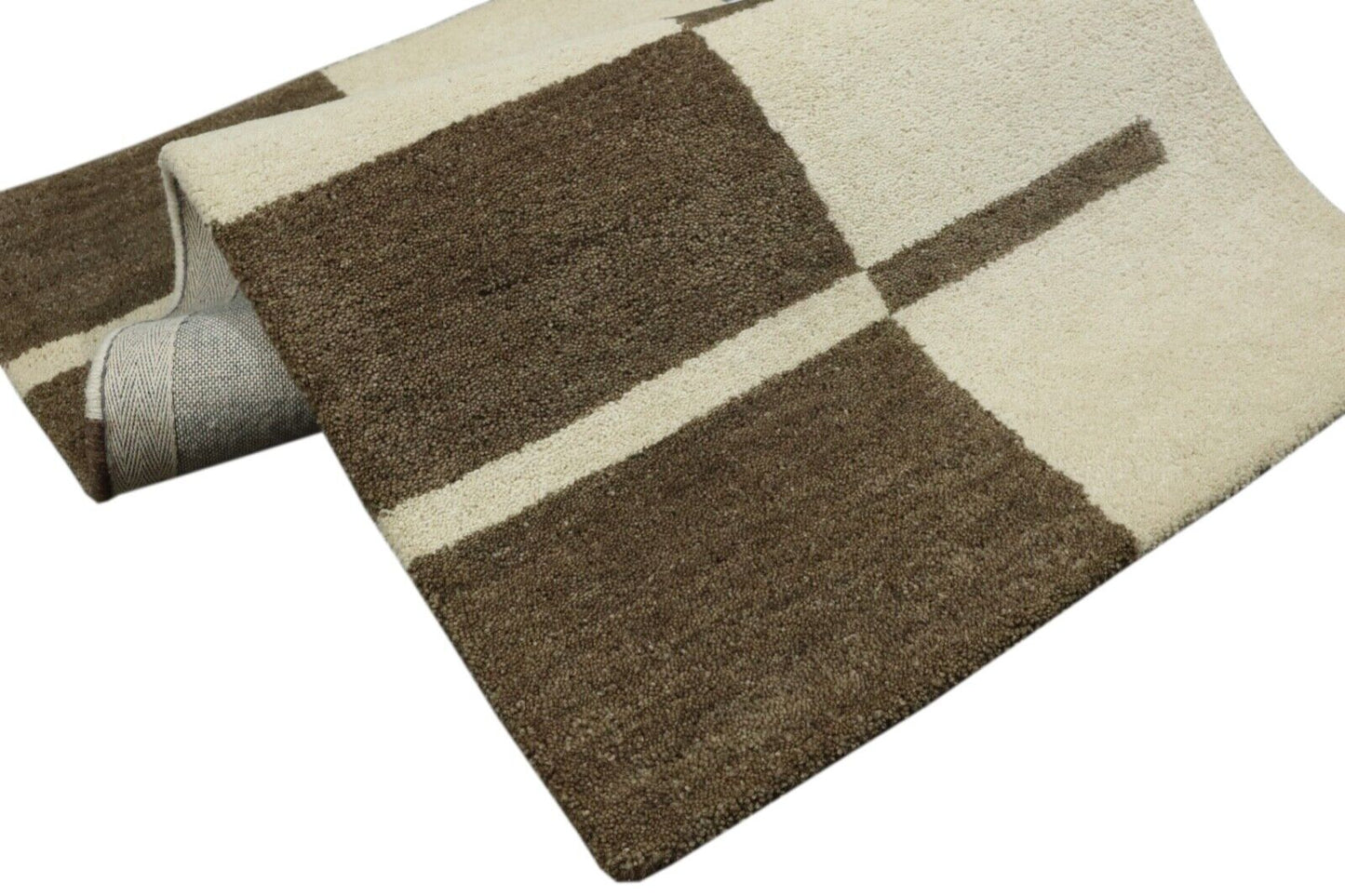 Teppich 100% Wolle 70X140 cm Handarbeit Beige Kaffeefarbe Handgetuftet T1007