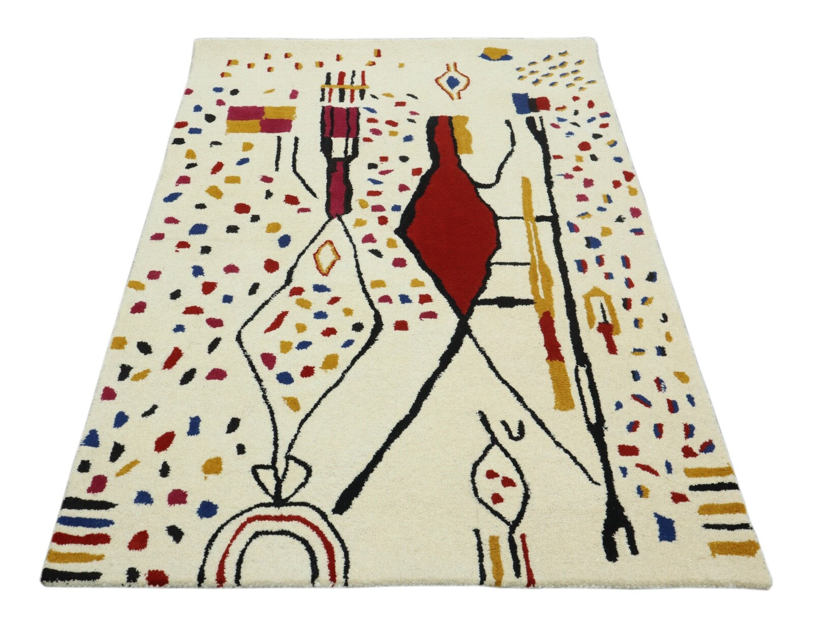 Wollteppich 120x180 Beige Bunt Ethno Marokko Teppich Handgetuftet Modern HT316