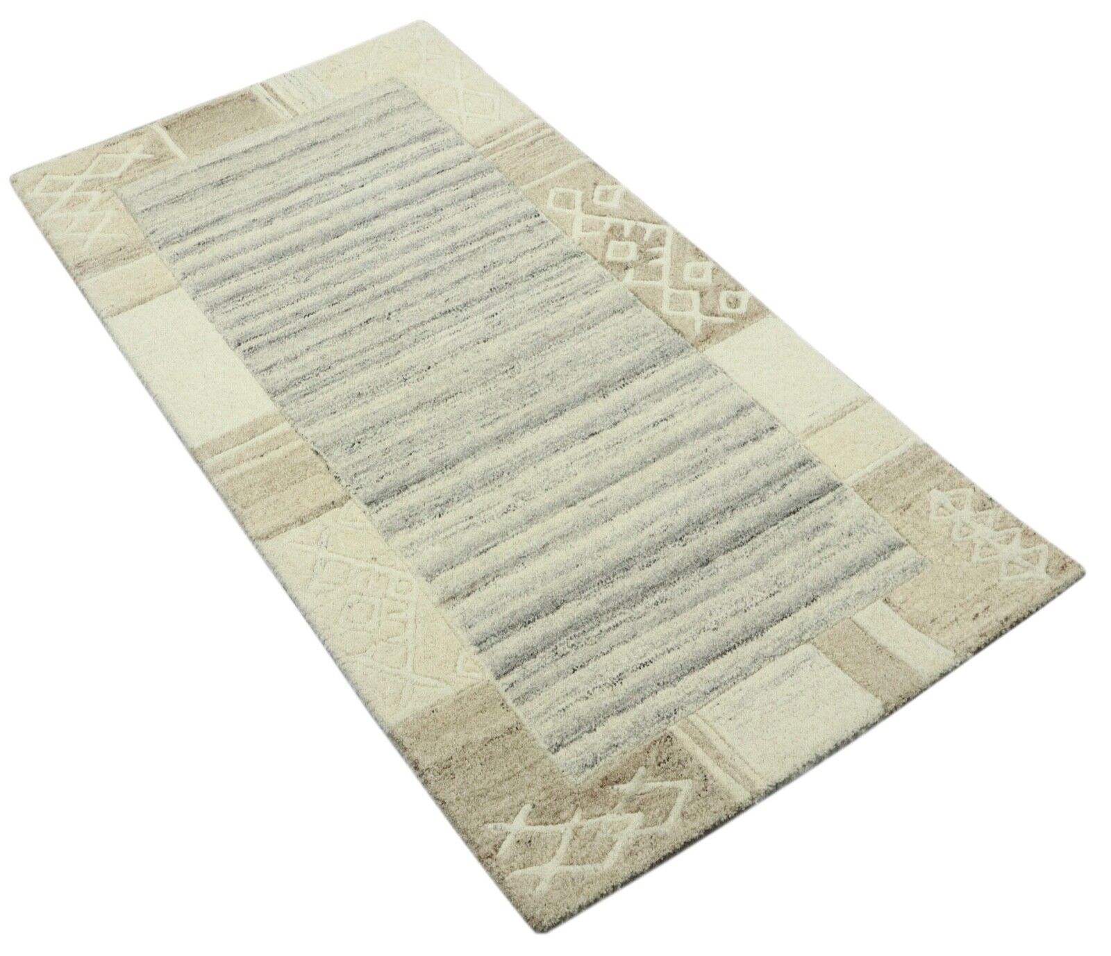Gabbeh Teppich 100% Wolle 70X140 cm Handarbeit Grau Beige Handgetuftet T1013