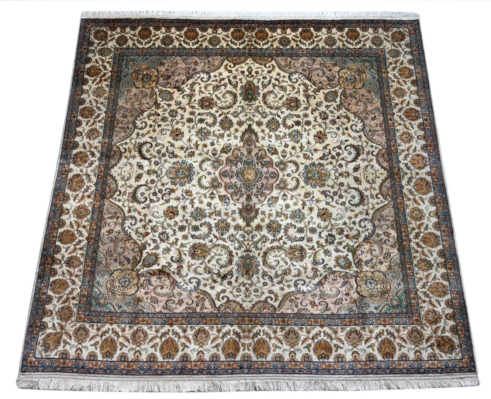 Kashmir Seidenteppich 185x185 cm Echter Handgeknüpft Luxus Teppich Unikat