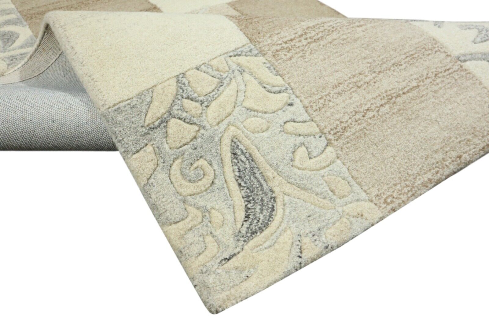 Beige Grau Orient Teppich 100% Wolle 90X160 cm Handarbeit Handgetuftet T976