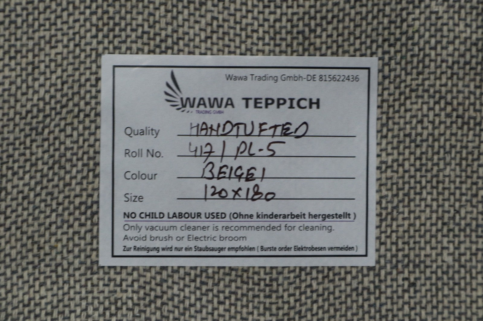 Preproga Gabbeh, 100 % volna, bež enobarvna, 120 x 180 cm, ročno izdelana, PL5