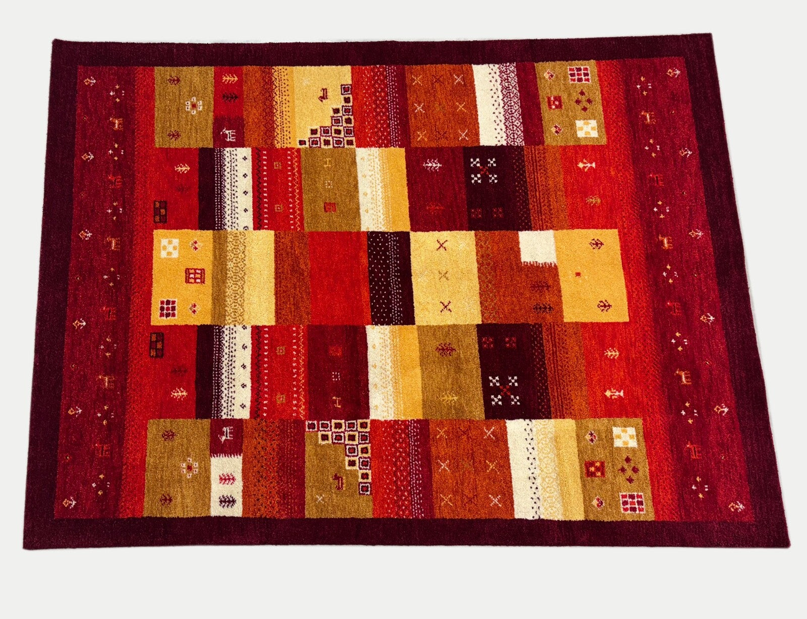 Gabbeh Wollteppich 170x240cm Handgeknüpft 100% Schurwolle Rot Mehrfarbig PT01