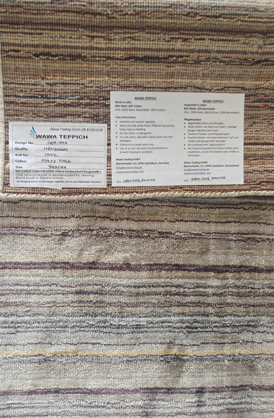 Handgewebter Teppich 70x140 Multi-Gold Glanzoptik Seide Flach Wohnzimmer SH246