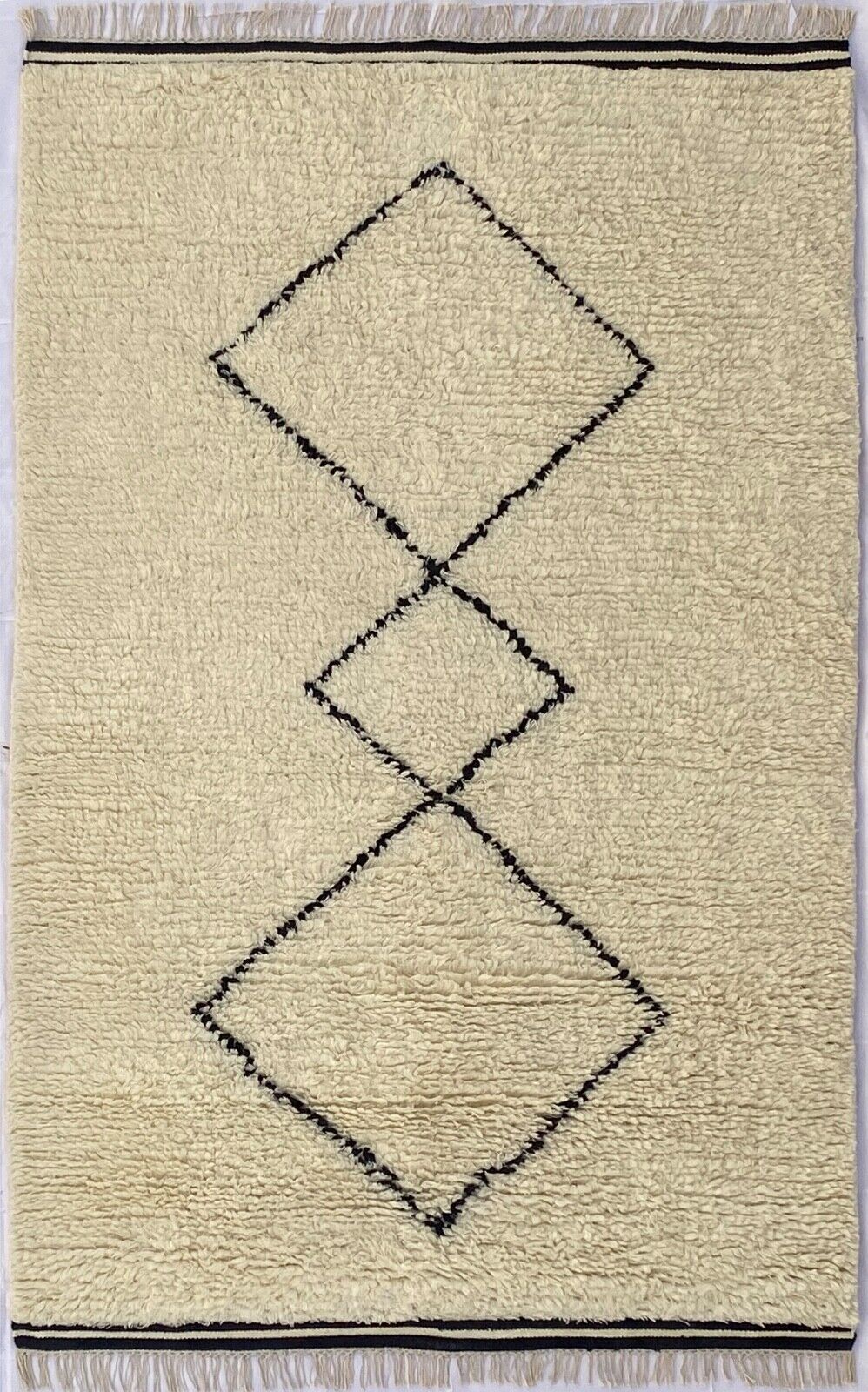 Morocco Berber Teppich Shaggy 100% Wolle Schwarz Elfenbein Handgefertigter BM3