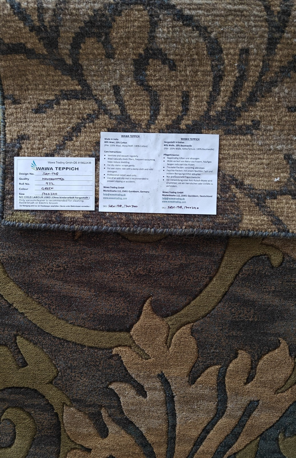 Modernes Handgeknüpfter Wolle 170x240 Vintage Grün Wohnzimmer Teppich SH178
