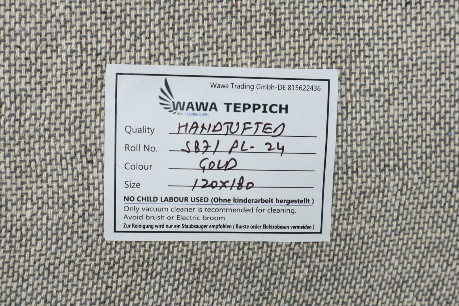 Gabbeh Teppich 100% Wolle Gold Uni Farbe 120x180 cm Handgemacht PL24