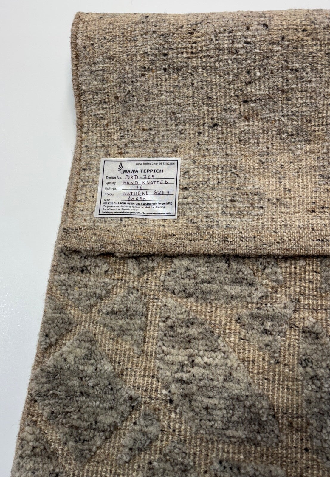 Handgeknüpfter Wollteppich 60x90cm Naturgrau Modern Geometrisch D769