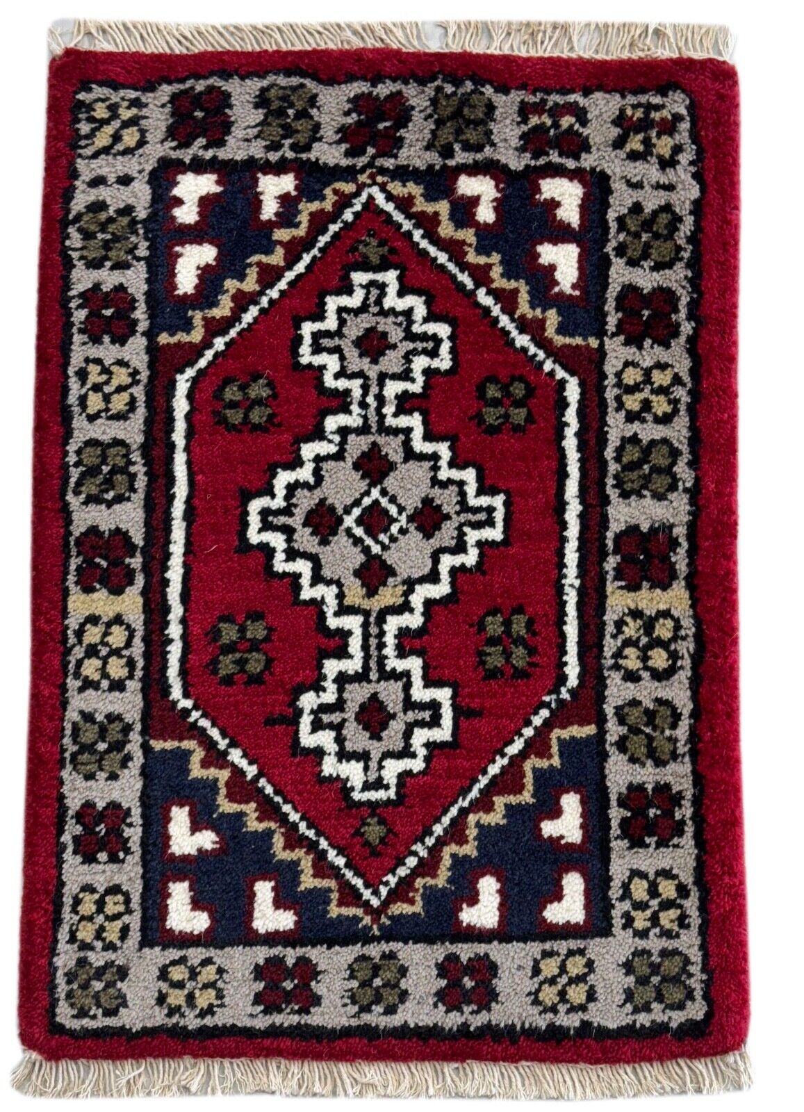 Brücke Teppich 40x60 cm Handgeknüpft Fußmatte Automatte 100% Wolle Rot Blau PH41