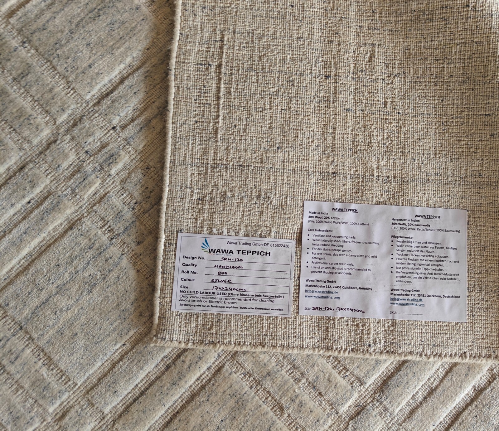 Handgewebter Teppich 170x240 Silber Glanzoptik Woll-Viskosem Wohnzimmer SH120