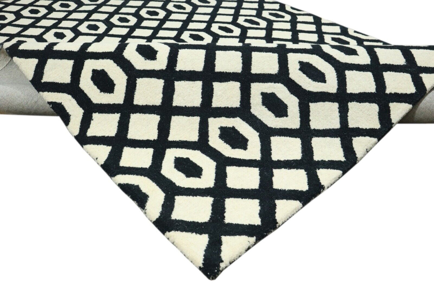 Beige Schwarz Teppich 100% Wolle 160X230 cm Handarbeit Handgetuftet T930