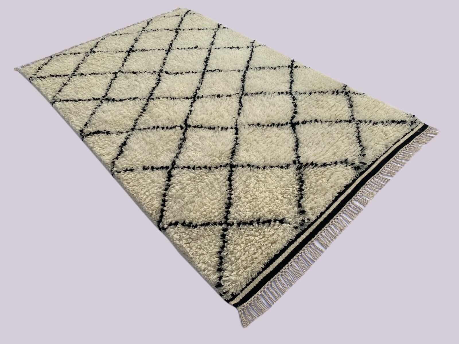 Shaggy Teppich Morocco Berber 100% Wolle Schwarz Elfenbein Handgefertigter BM4