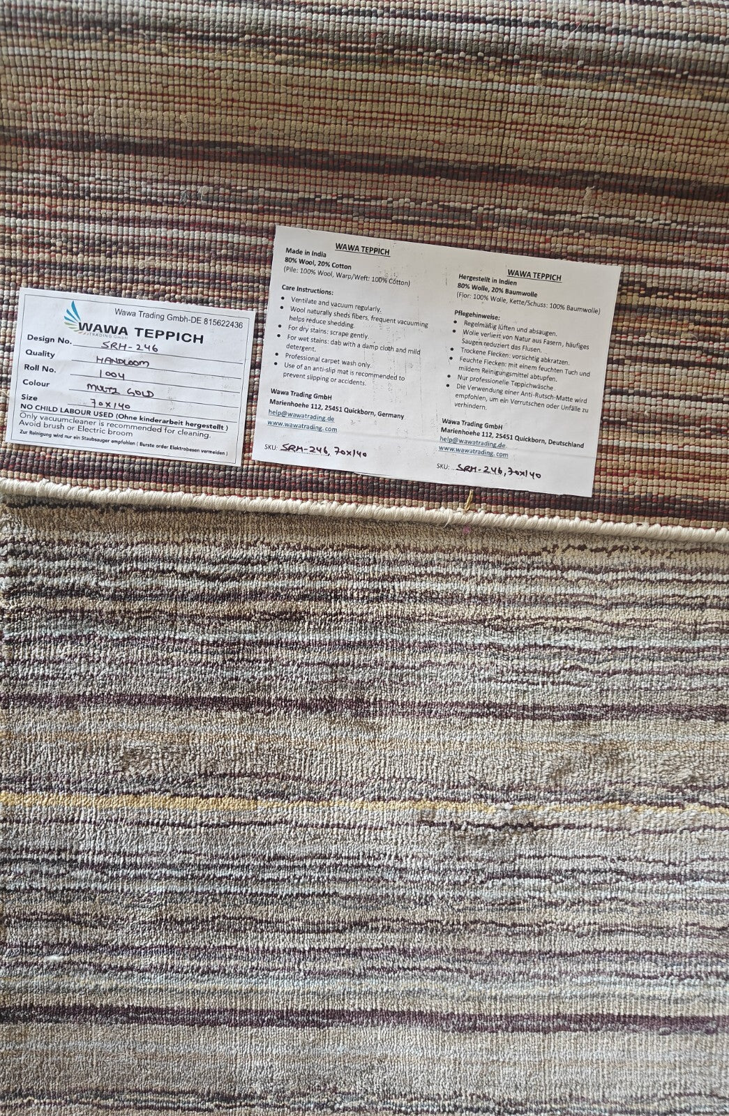 Handgewebter Teppich 70x140 Multi-Gold Glanzoptik Seide Flach Wohnzimmer SH246