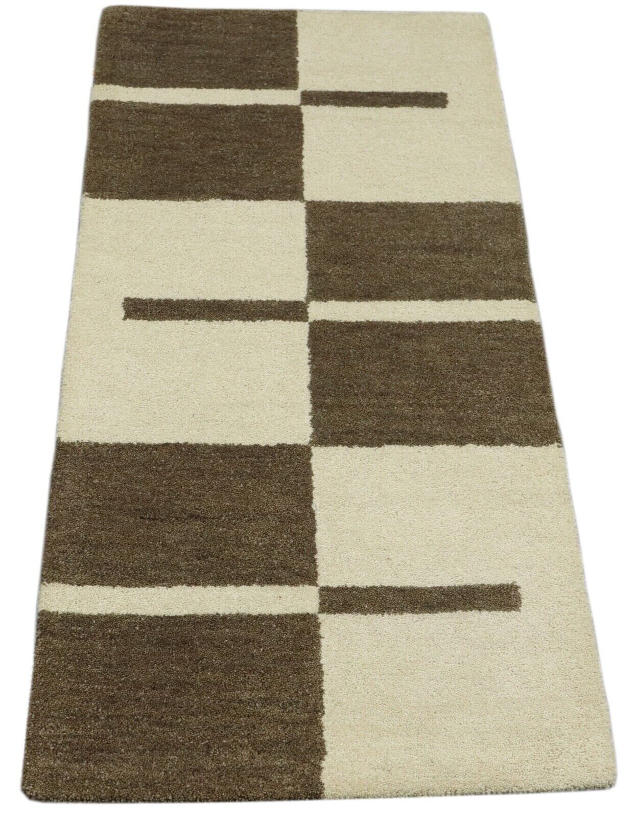 Teppich 100% Wolle 70X140 cm Handarbeit Beige Kaffeefarbe Handgetuftet T1007