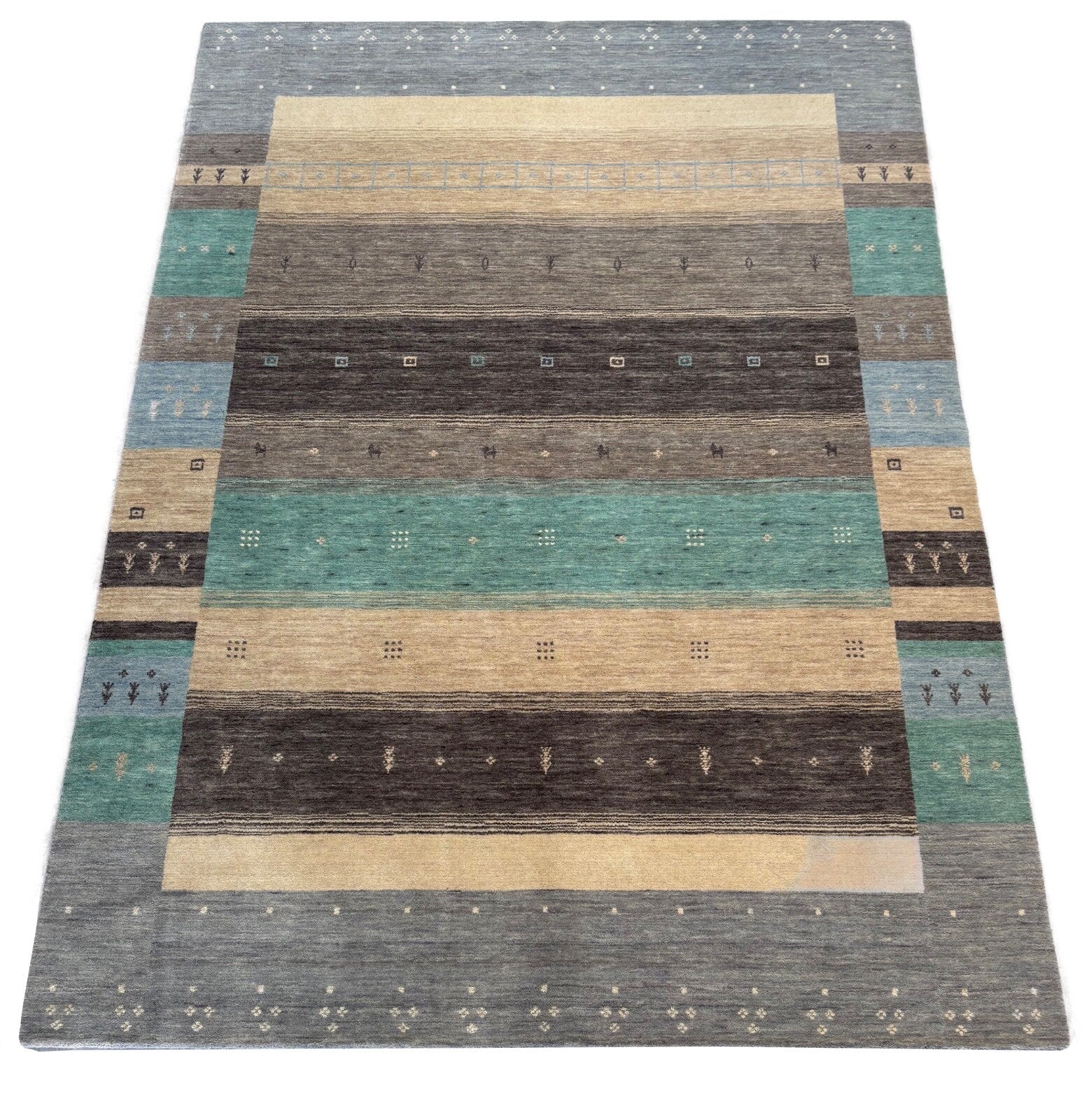 Moderner Gabbeh Teppich Wolle 170x240 cm Handgefertigt Naturtöne Streifen 46-53