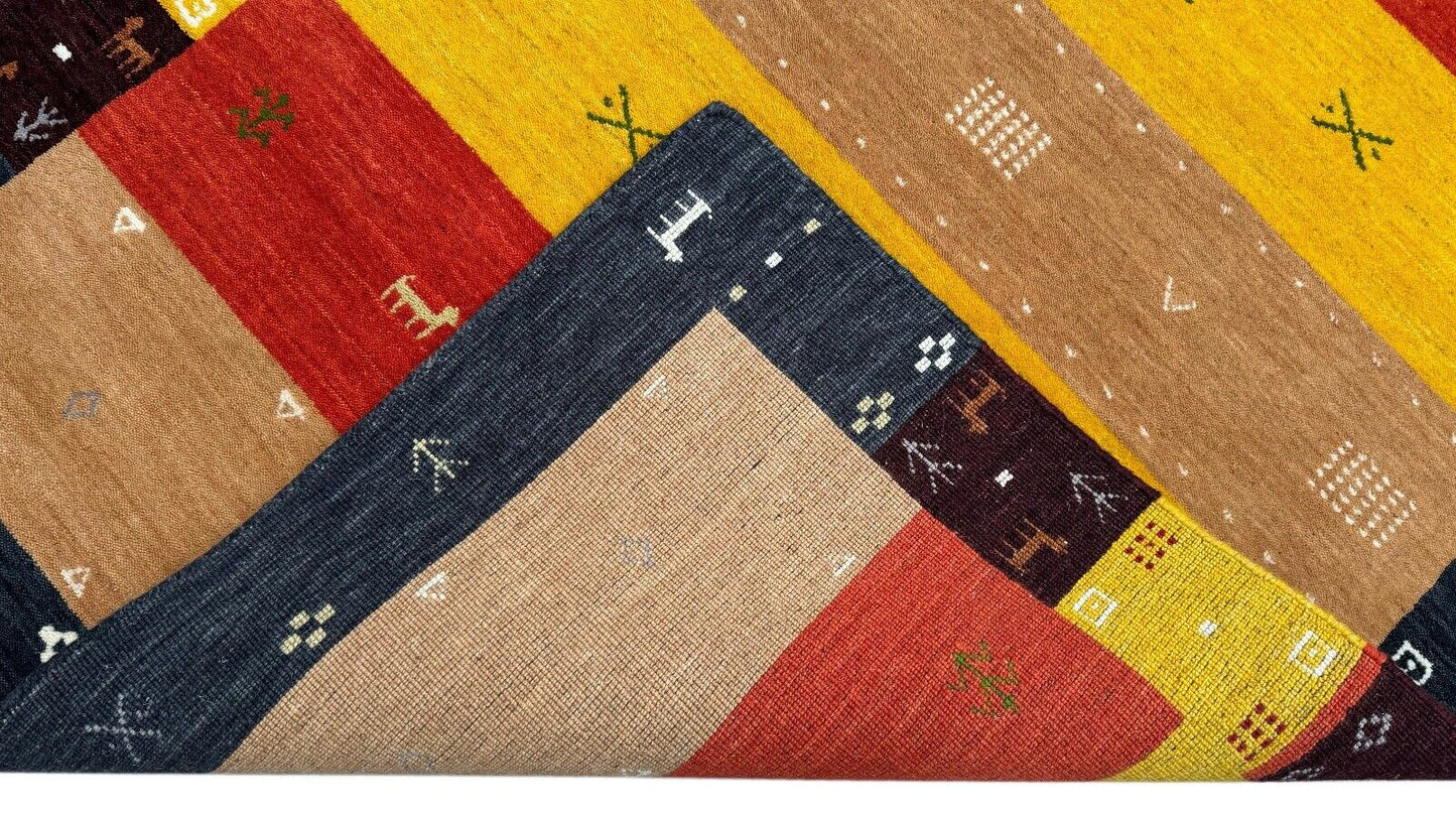 Gabbeh Teppich 100% Wolle 120x180 cm Rot Gelb Bunt Handgewebt Orientteppich BR11