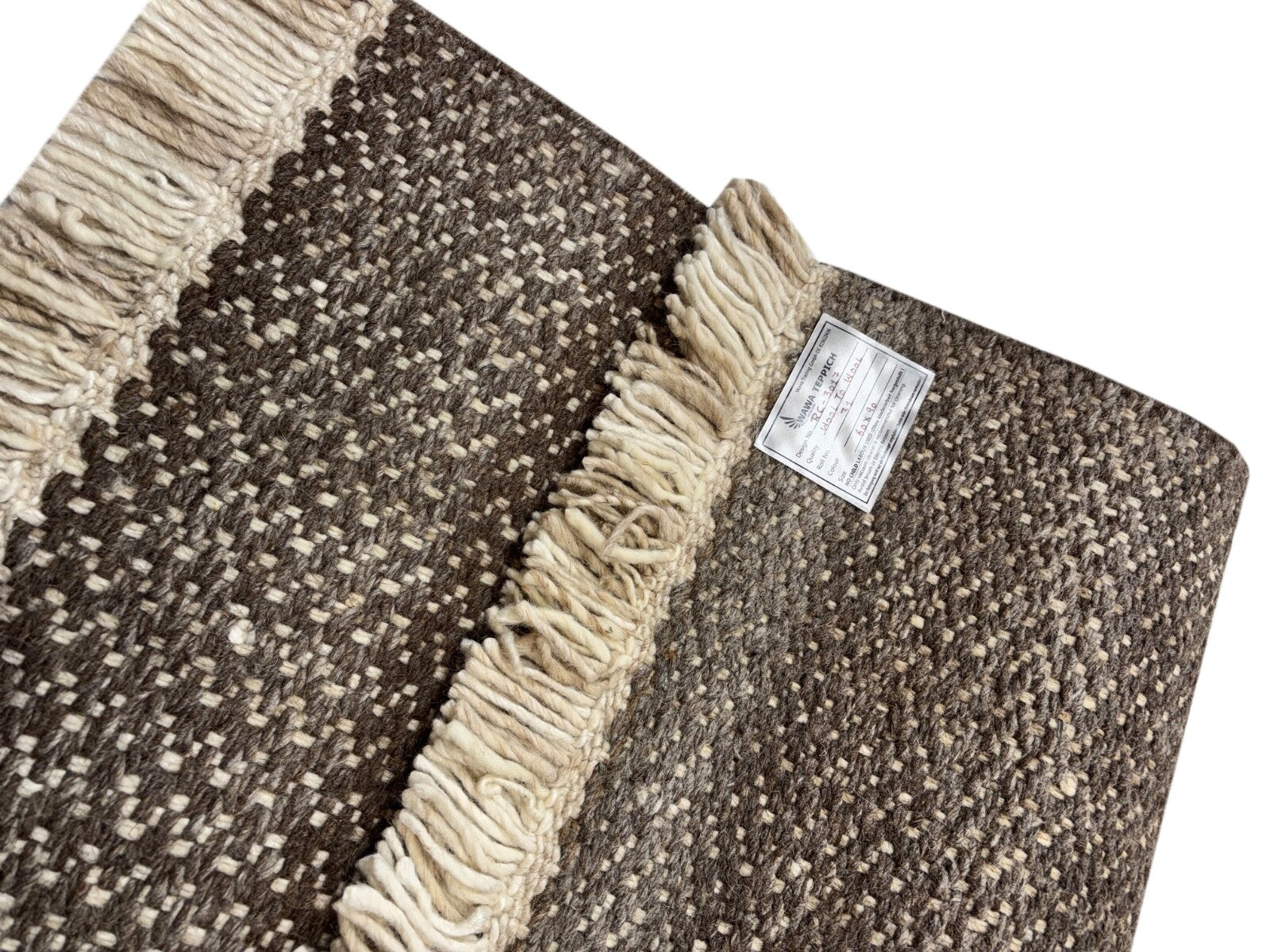 Volnena preproga 60x90 rjavo-bež ročno vozlana preproga z ravnim tkanjem in resicami