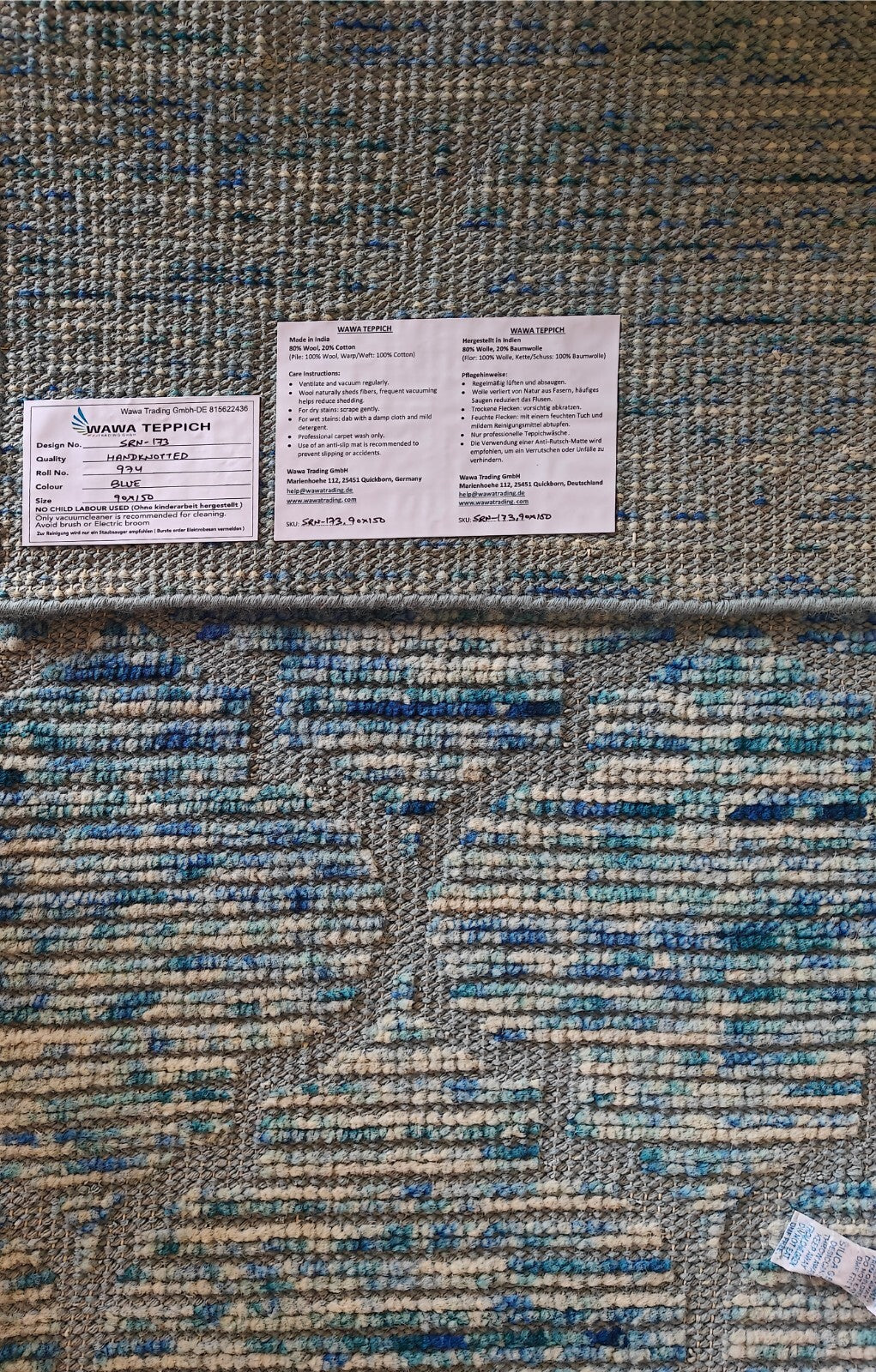 Modernes Handgeknüpfter Wolle 90x150 Vintage Blau Wohnzimmer Teppich SH173