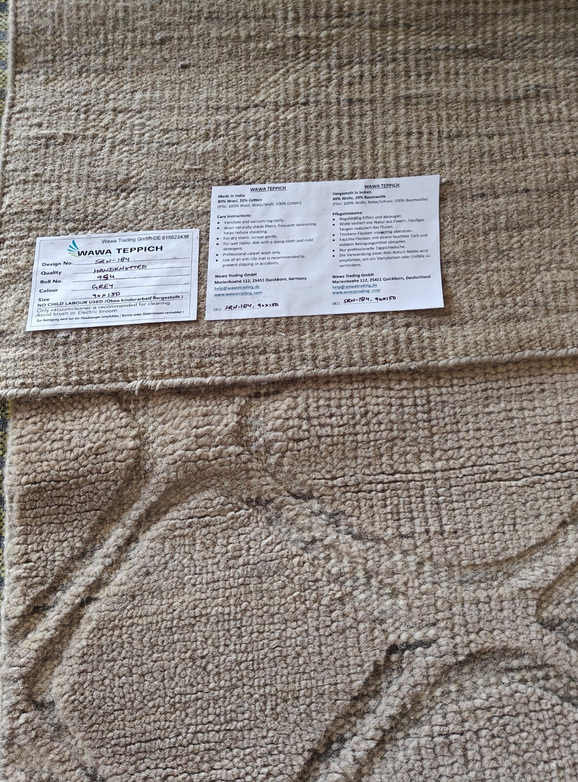 Modernus rankomis rištas vilnonis 90x150 vintažinio pilko svetainės kilimas SH184