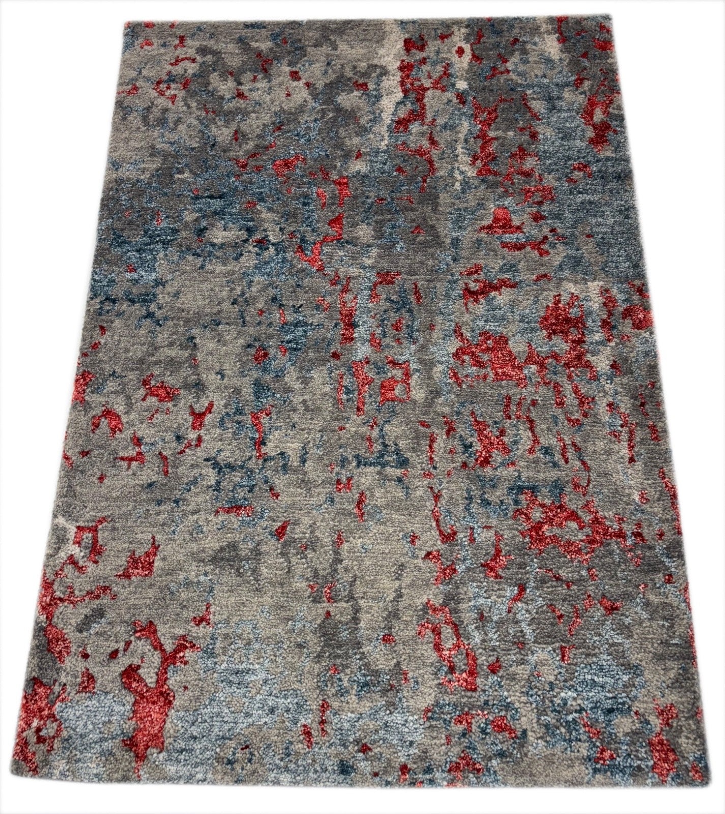 Handgeknüpfter Wollteppich 60x90 cm Grau Rot Modern Design mit Seidenglanz R118