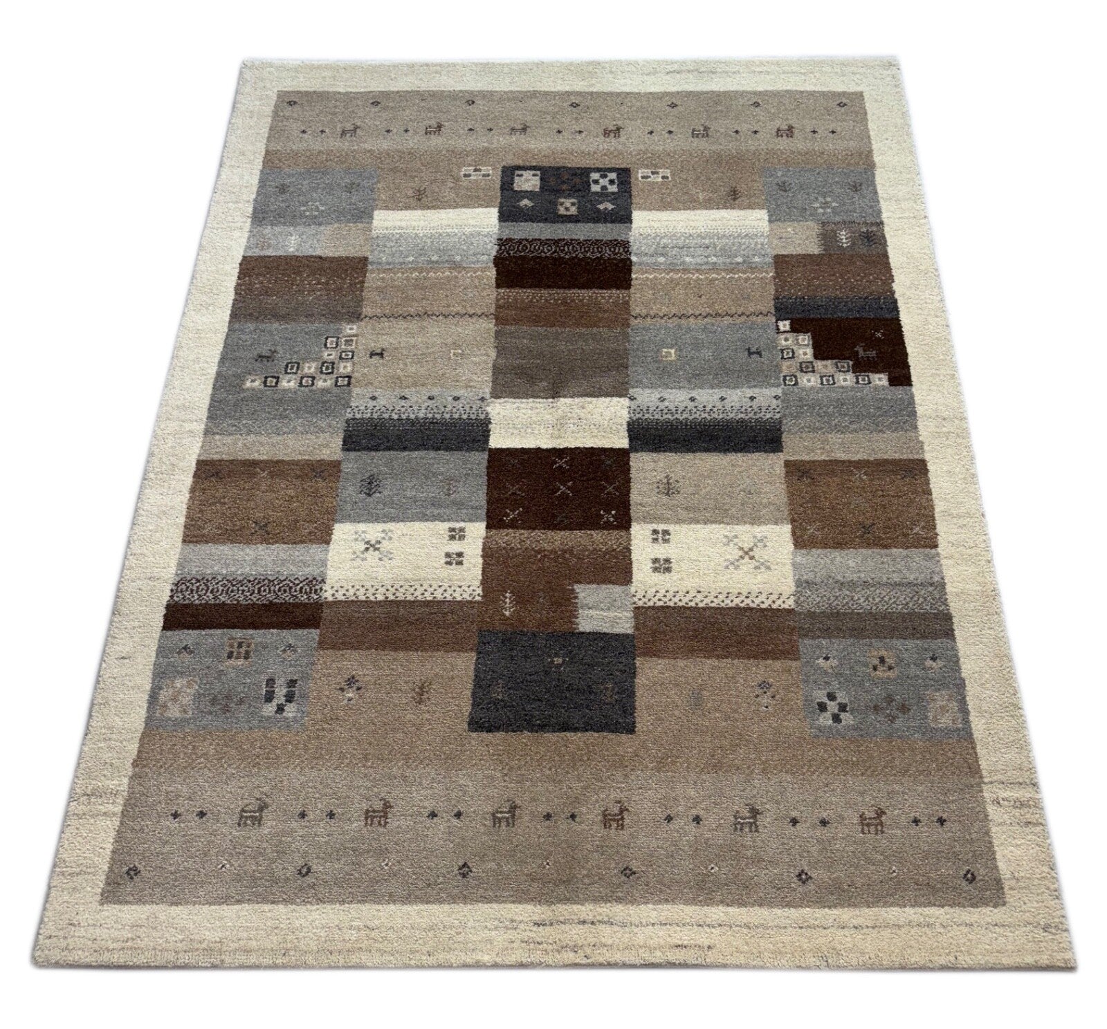 Gabbeh Teppich 170x240cm Handgeknüpft 100% Schurwolle Beige Naturfarbe ST34