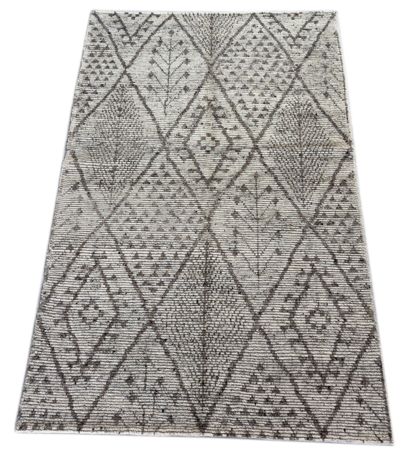 Handgeknüpfter Wollteppich 150x243 cm Naturbeige Grau Modern Design DT978