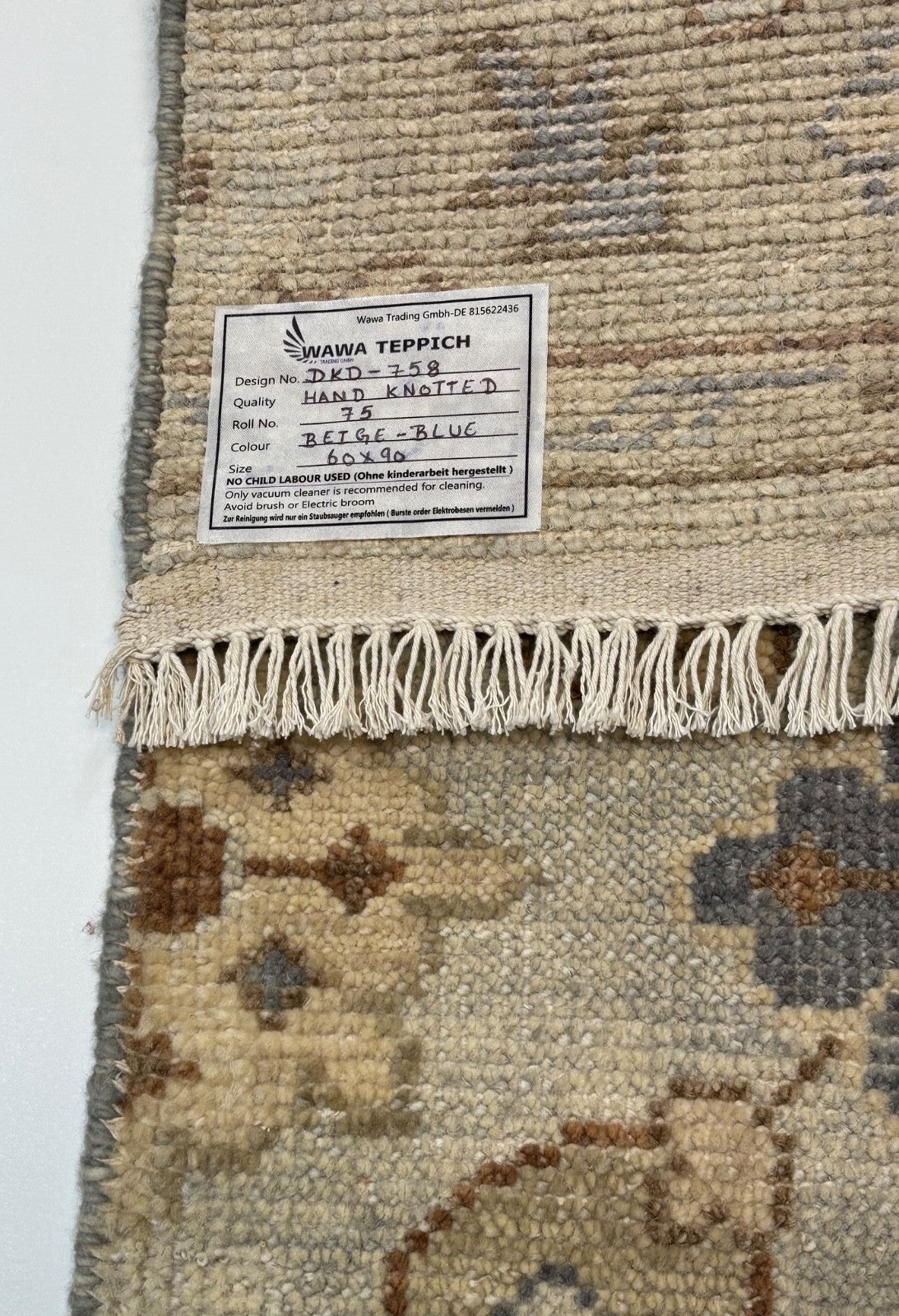 Handgeknüpfter Wollteppich 60x90 cm Kurzflor Modern Beige Teppich D758