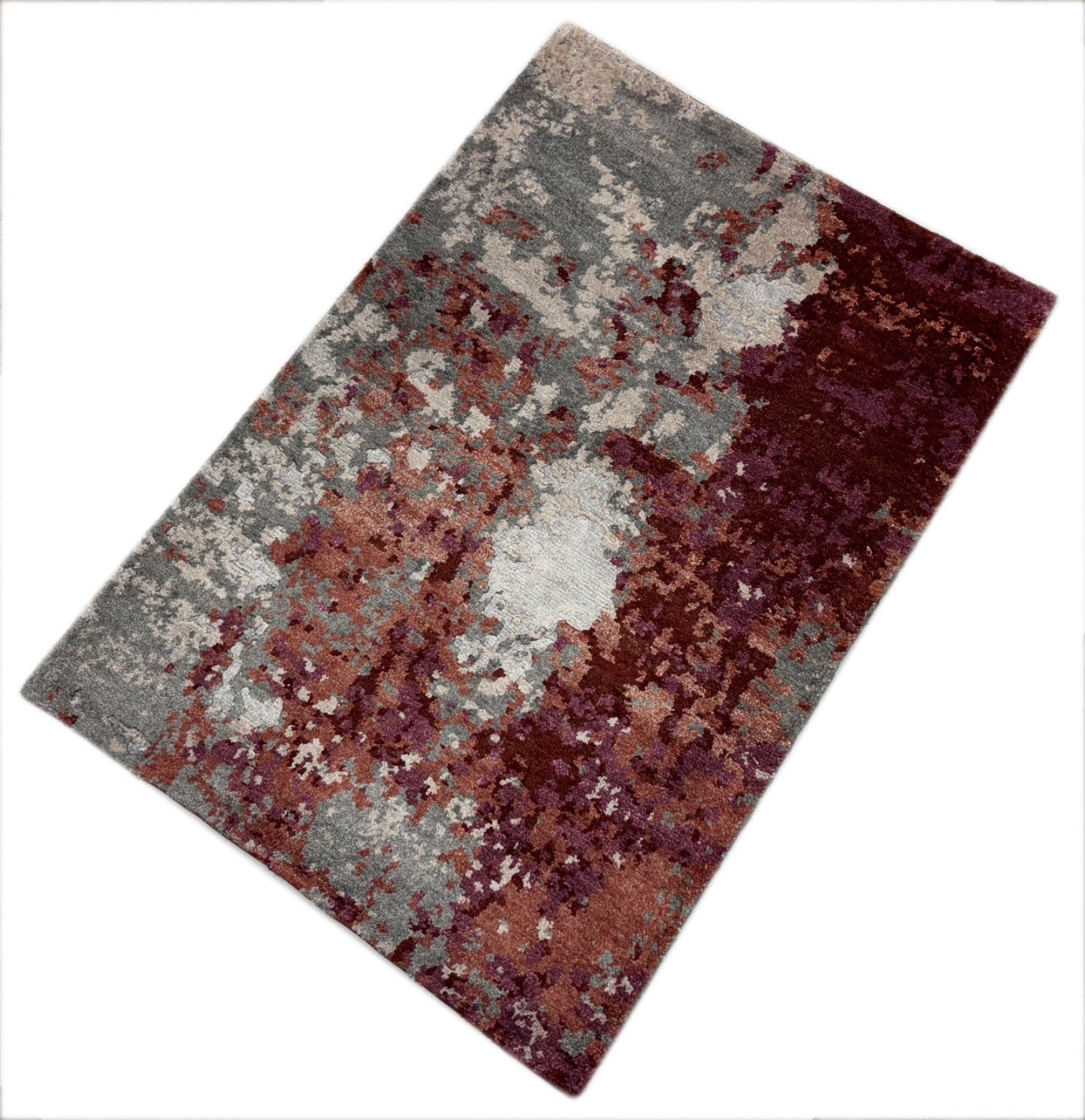 Handgeknüpfter Design Teppich 60x90 cm Grau Rot Multicolor Bambus-Seide R117