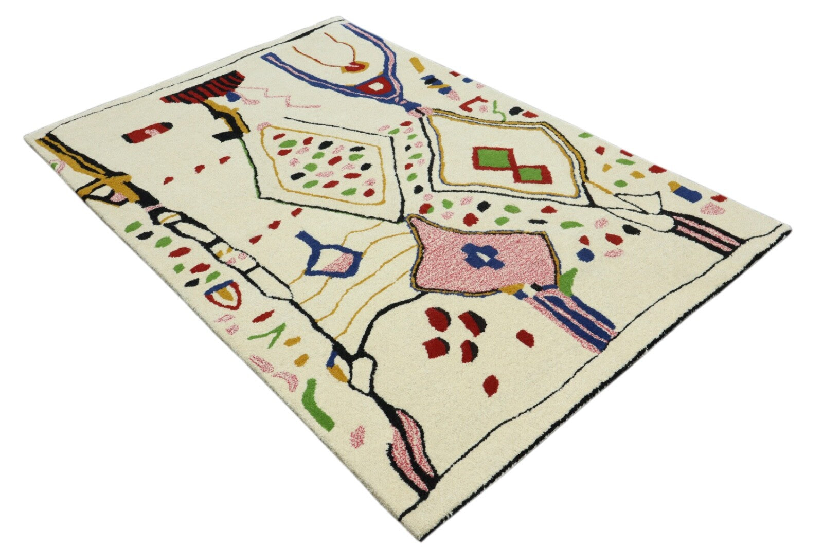 Wollteppich 120x180 Beige Bunt Ethno Marokko Teppich Handgetuftet Modern HT315