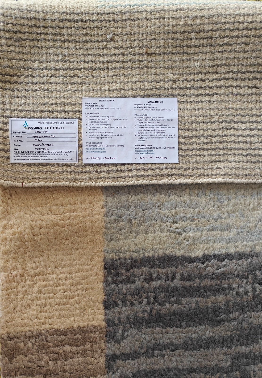 Modernes Handgeknüpfter 150x240 Wolle blau weiß Wohnzimmer Teppich SH104