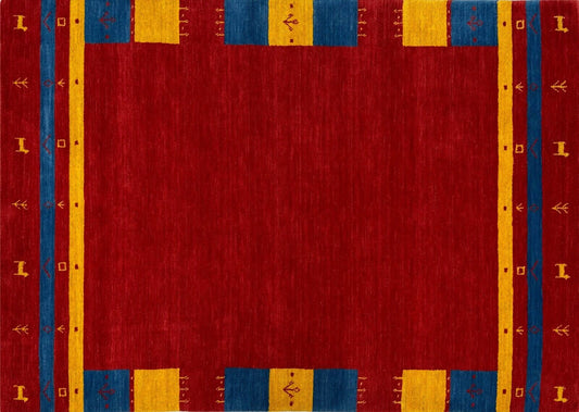 Gabbeh Teppich 100% Wolle 120x180 cm Rot Gold Blau Handgewebt Orientteppich BR13