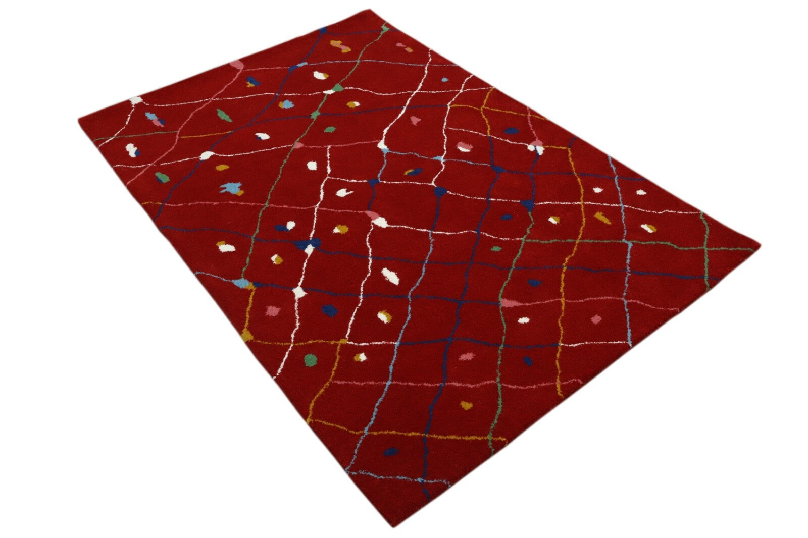 Gyapjú szőnyeg 120x180 piros, többszínű, rombuszmintás, modern marokkói szőnyeg, kézzel csomózott