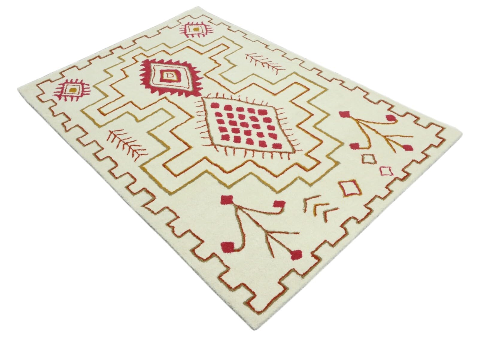 Wollteppich 120x180 Beige Rot Marokko Berber Muster Teppich Handgetuftet HT306