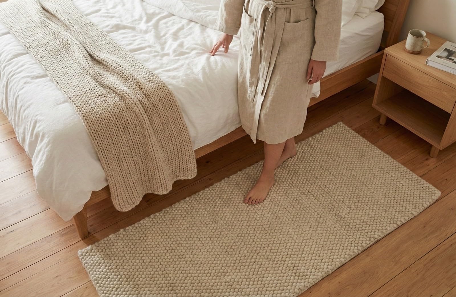 Beige Design Teppich Läufer 100% Wolle Handgewebt Beige Creme Weich D729